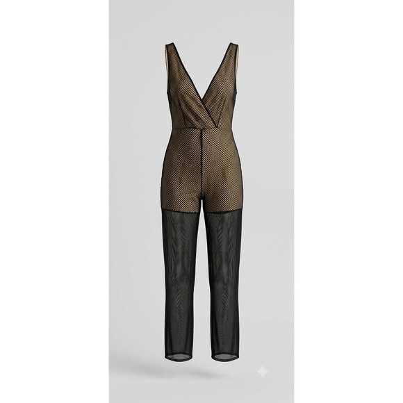 Honey Punch Pants - Women Honey Punch Black Overlay Fishnet Maxi Jumpsuit-Romper Edgy Club wear Goth
